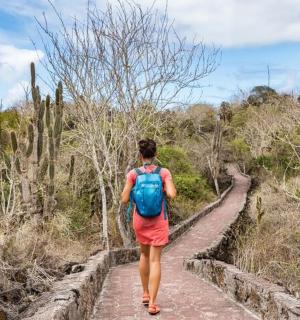 一名女子背着蓝色背包沿着小路行走
