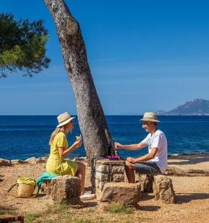 a man and woman sitting on logs on the beach