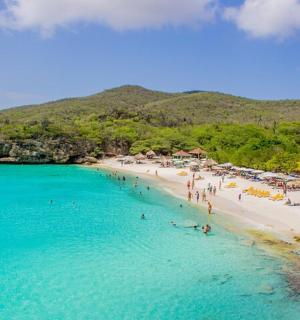 a group of people on a beach in the water