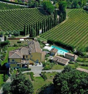 an aerial view of a house in a vineyard