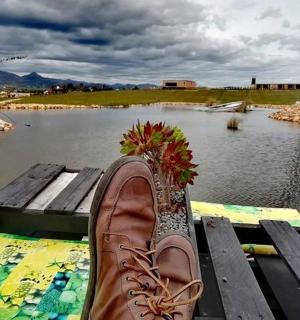 一只鞋子放在水边的长凳上