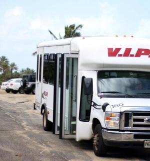 a white bus parked on the side of a road