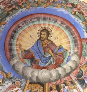 een schilderij van een bouwer op het plafond van een kerk