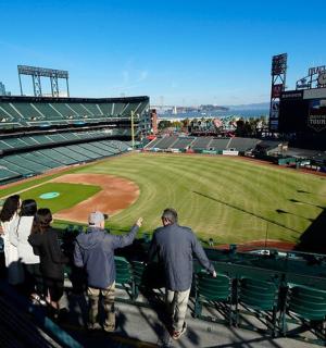 a group of people standing in the stands at a baseball game