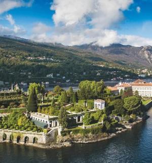 ostrov se stromy a budovami na vodě