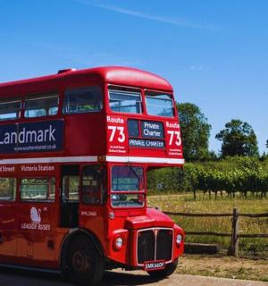 一辆红色双层巴士在路上行驶