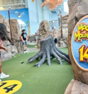 a woman playing golf on a miniature golf course
