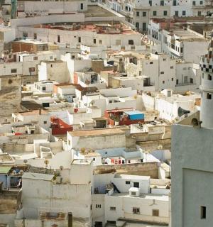 pohled na město s bílou budovou