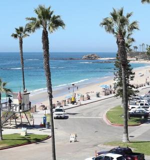 pohled na pláž s palmami a auty