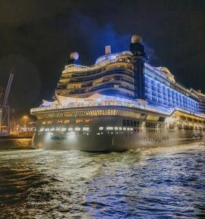 a cruise ship in the water at night