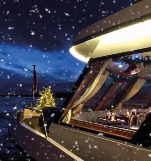 夜晚水中的一艘船和一棵圣诞树