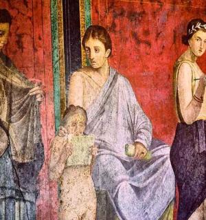 a painting of a family on a wall