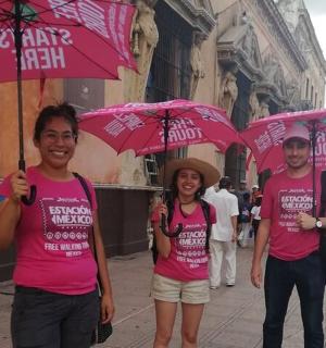 a group of people walking down a street holding pink umbrellas