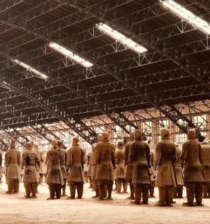 a group of people standing in a building