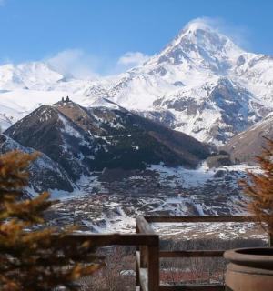 a view of a snow covered mountain with two trees