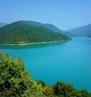 a large body of water with trees and mountains