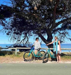 two people standing next to their bikes under a tree