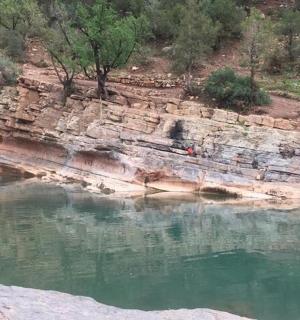en vannmasse ved siden av en ås med trær