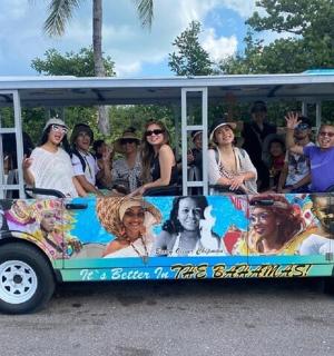a group of people sitting on a bus