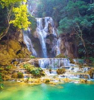 a waterfall in the jungle with a pool of water