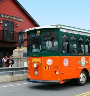 oranžovozelený autobus projíždějící kolem červené budovy
