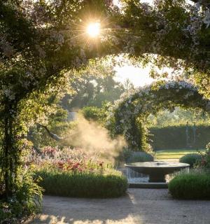 花园里的拱门，有桌子和鲜花