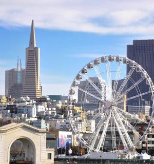 a ferris wheel in front of a city skyline