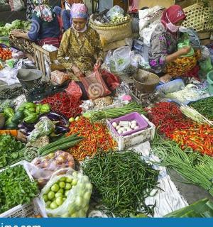 a group of people sitting at a market with vegetables