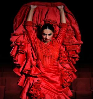 a woman in a red dress holding up a bed