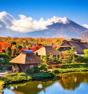 以山为背景的日式花园