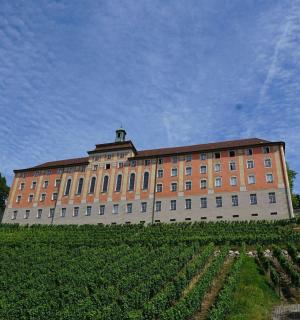 a large brick building with a statue on top of it