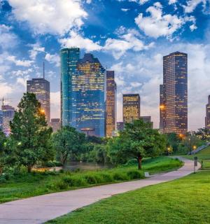 panorama města s vysokými budovami v parku