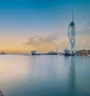 a view of a large body of water with a building