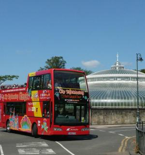 一辆红色双层巴士在街上行驶