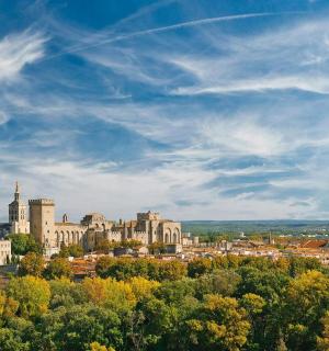 a view of a city with trees and buildings