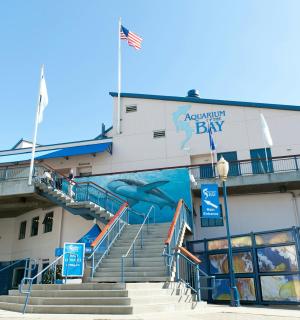 an aquarium bay building with stairs in front of it