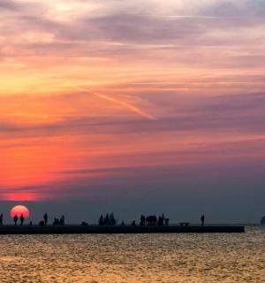 skupina lidí stojících na molu při západu slunce