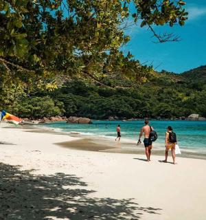 a group of people walking on a beach