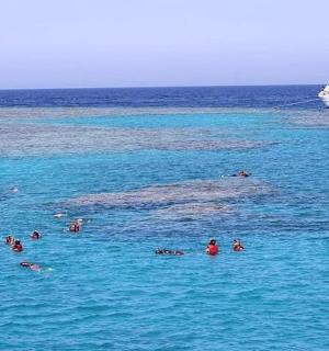 a group of people swimming in the ocean with a boat