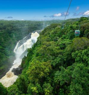 a gondola ride over a waterfall in the jungle