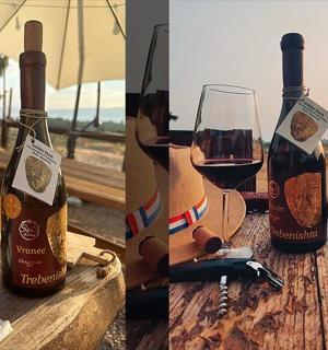 two pictures of two bottles of wine on a table