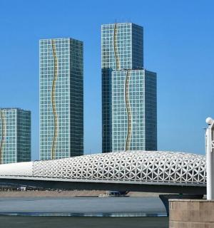 a building in a city with tall buildings