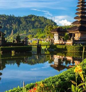 a reflection of two pagodas in a body of water