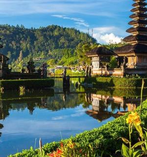 a reflection of two pagodas in a body of water