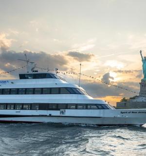 自由女神像前的一艘游轮