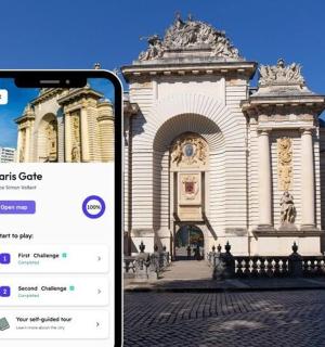 a cell phone in front of a building