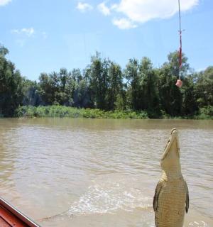 a man taking a picture of a fish in a boat