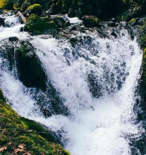ein Wasserfall an der Seite eines moosbedeckten Felsens