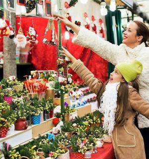 a woman and child looking at christmas decorations in a store