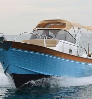 a blue and brown boat in the water